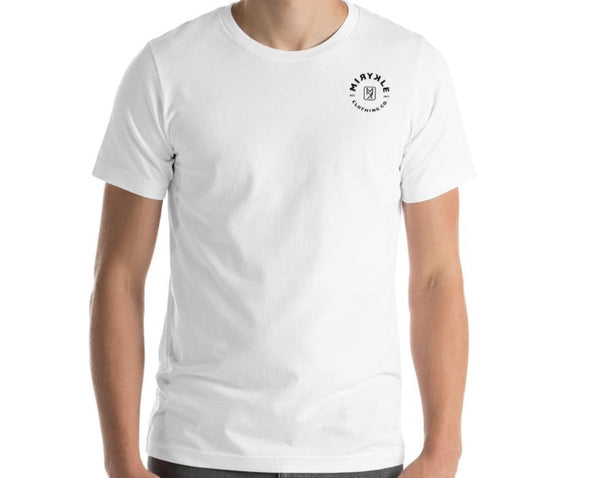 Men’s comfortable white t-shirt with small black MIRYKLE Clothing Co. circle logo.
