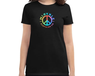 Women’s 100% cotton black short sleeve t-shirt with Peace Sign and MIRYKLE Clothing Co. logo in rainbow.