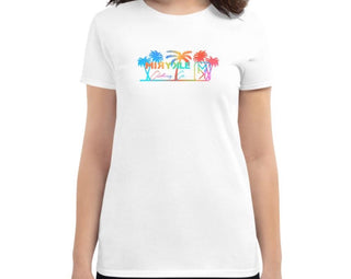 Women’s form fitting black t-shirt with MIRYKLE Clothing Co rainbow and palm trees logo.