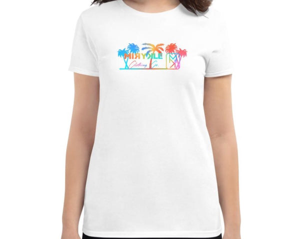 Women’s form fitting white t-shirt with MIRYKLE Clothing Co rainbow and palm trees logo.