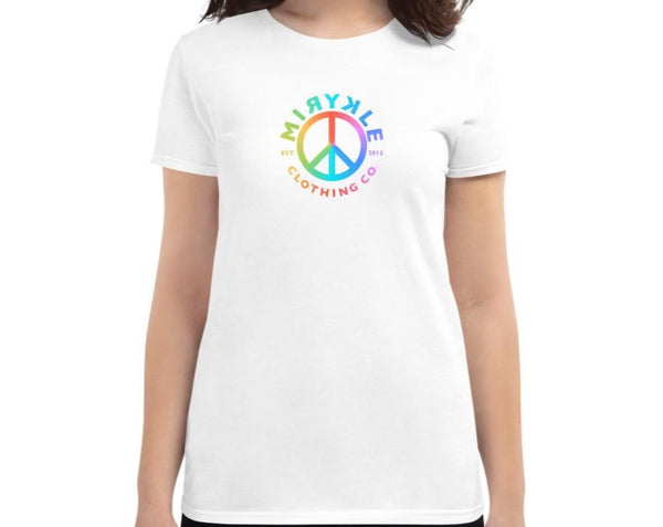 Women’s 100% cotton white short sleeve t-shirt with Peace Sign and MIRYKLE Clothing Co. logo in rainbow.