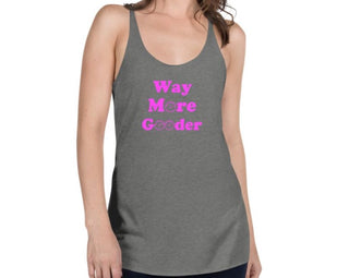 Women’s racerback tank top with MIRYKLE clothing co. Way More Gooder in purple.