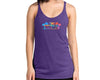 Women’s racerback tank top with MIRYKLE clothing co. Palm trees on the beach in rainbow colors.