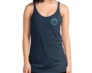 Women’s racerback tank top with MIRYKLE clothing co. circle logo.