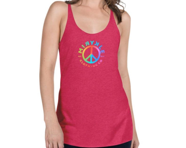 Women’s racerback tank top with MIRYKLE clothing co. Peace sign in rainbow colors.