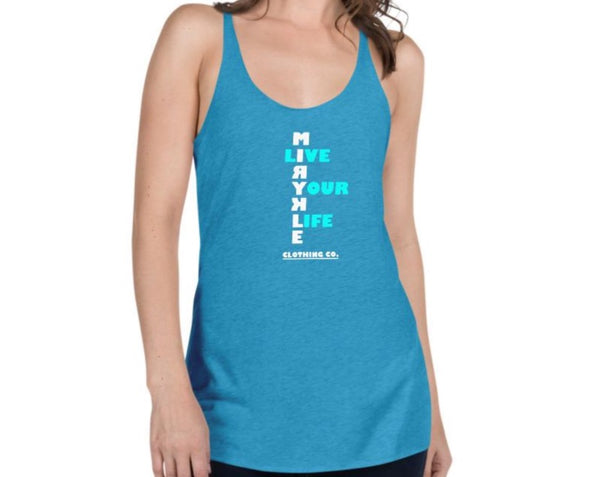 Women’s racerback tank top with MIRYKLE clothing co. Live Your Life in light blue.