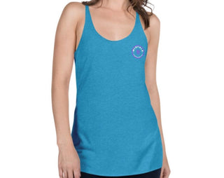 Women’s racerback tank top with MIRYKLE clothing co. Pink circle logo.