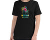 Women’s black relaxed fit t-shirt with pink flower dripping on MIRYKLE Clothing Co. logo
