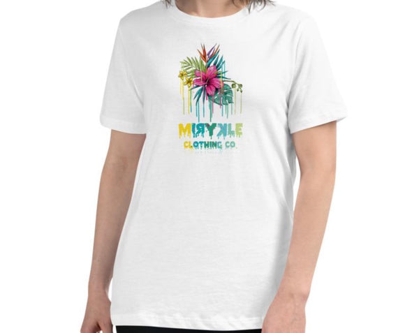 Women’s white relaxed fit t-shirt with pink flower dripping on MIRYKLE Clothing Co. logo