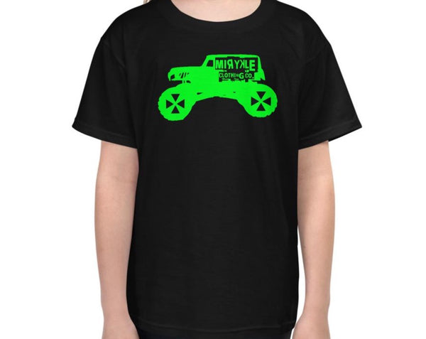 Kids design green monster truck on black t-shirt 