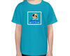 Youth Caribbean blue Little MIRYKLE graphic t-shirt with a sailboat, fish and the sunset with palm trees.