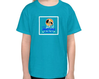 Youth pink Little MIRYKLE graphic t-shirt with a sailboat, fish and the sunset with palm trees.