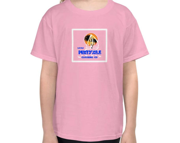 Youth pink Little MIRYKLE graphic t-shirt with a sailboat, fish and the sunset with palm trees.
