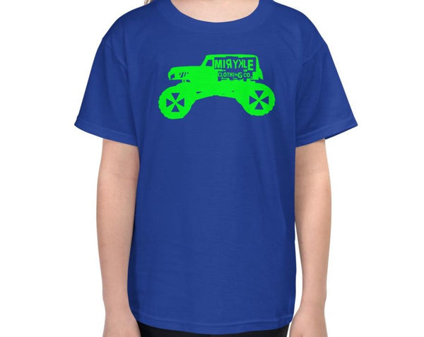 Kids design green monster truck on blue t-shirt