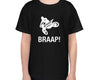 youth-lightweight-t-shirt black front with dirt bike doing a with with braap an Action Sports brand