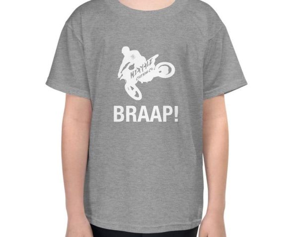 youth-lightweight-t-shirt grey front with dirt bike doing a with with braap an Action Sports brand