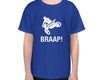 youth-lightweight-t-shirt royal blue front with dirt bike doing a with with braap an Action Sports brand