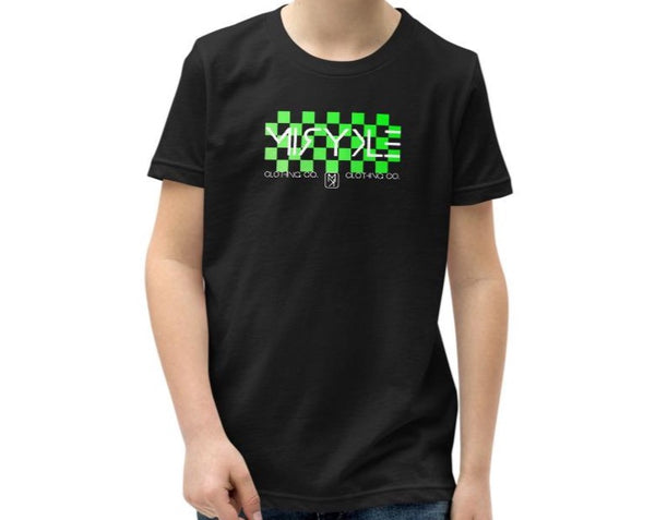 Youth Black Short Sleeve MIRYKLE Green Checkered Logo T-Shirt